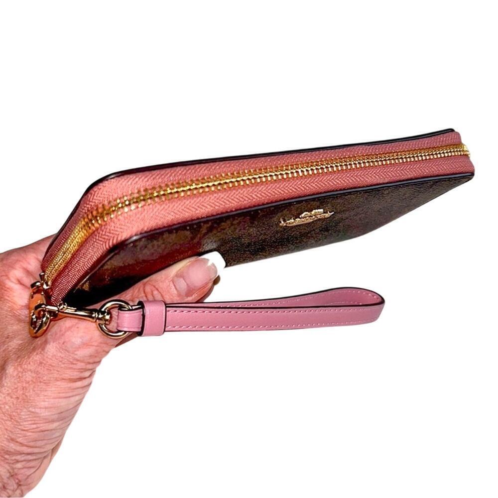 NEW Coach Long Zip Around Wallet In Signature Canvas Gold Pink Lemonade Brown - Picture 7 of 11